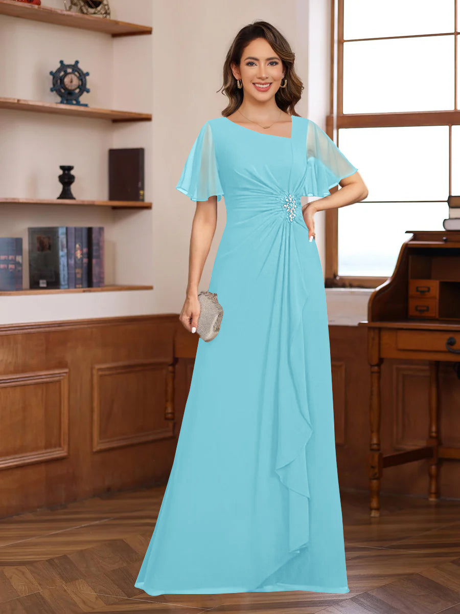 A-Line/Princess V-Neck Short Sleeves Chiffon Mother Of The Bride & Groom Dresses With Appliques & Ruffles BabaMila