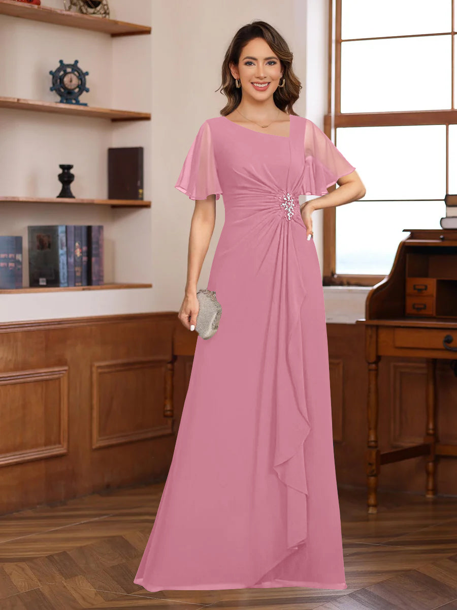 A-Line/Princess V-Neck Short Sleeves Chiffon Mother Of The Bride & Groom Dresses With Appliques & Ruffles BabaMila