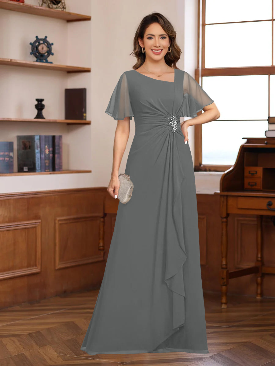 A-Line/Princess V-Neck Short Sleeves Chiffon Mother Of The Bride & Groom Dresses With Appliques & Ruffles BabaMila