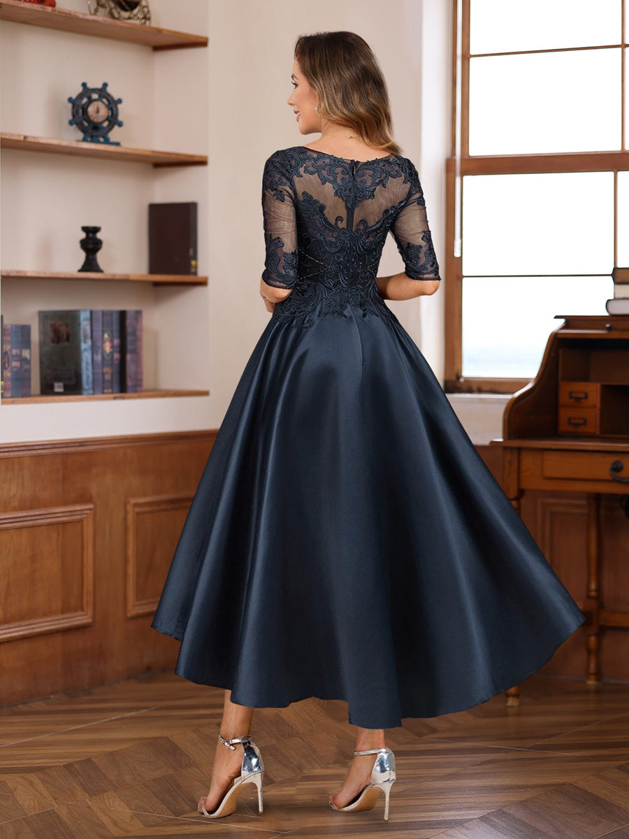 A-Line/Princess Scoop Neck Half Sleeves Asymmetrical Mother Of The Bride & Groom Dresses With Lace Appliques BabaMila