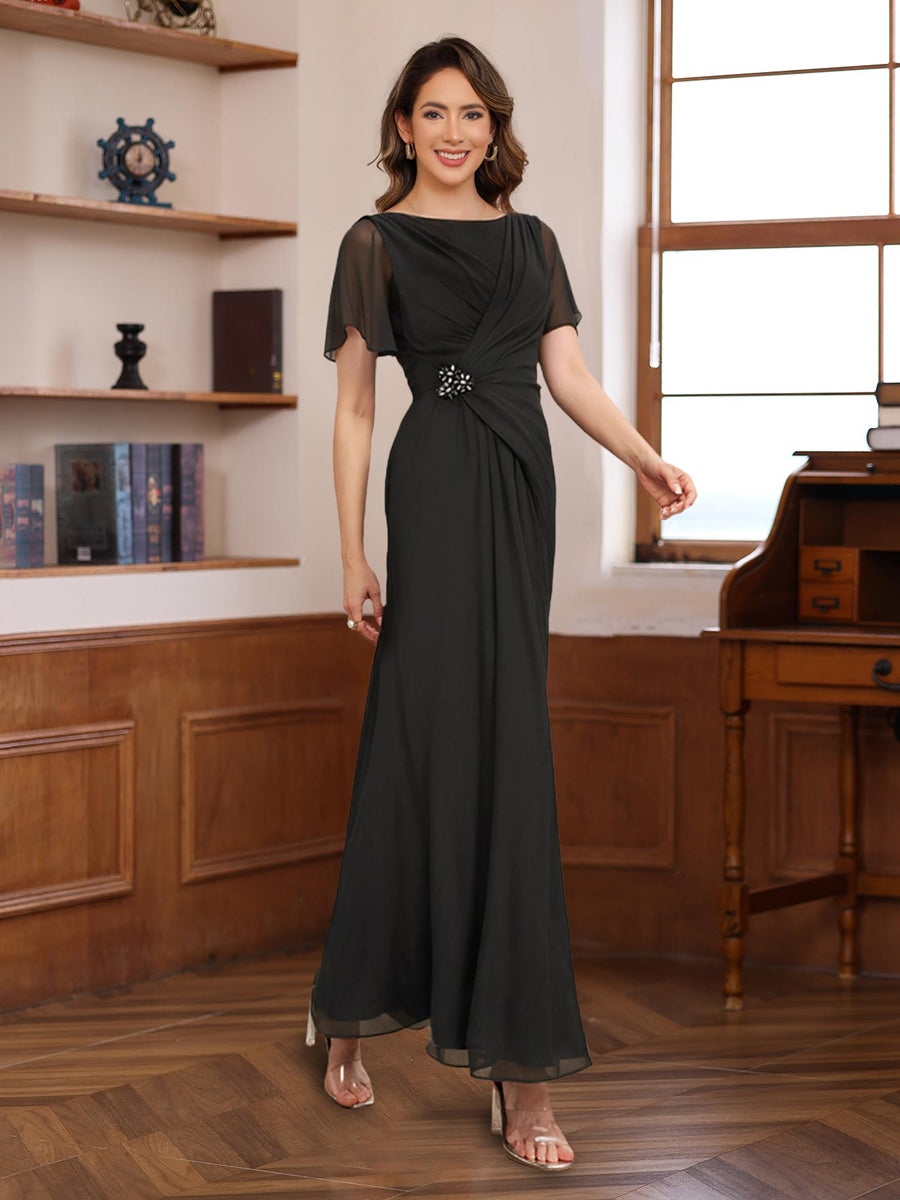 A-Line Scoop Neck Half Sleeves Ankle Length Pleated Mother Of The Bride & Groom Dresses With Beadings BabaMila