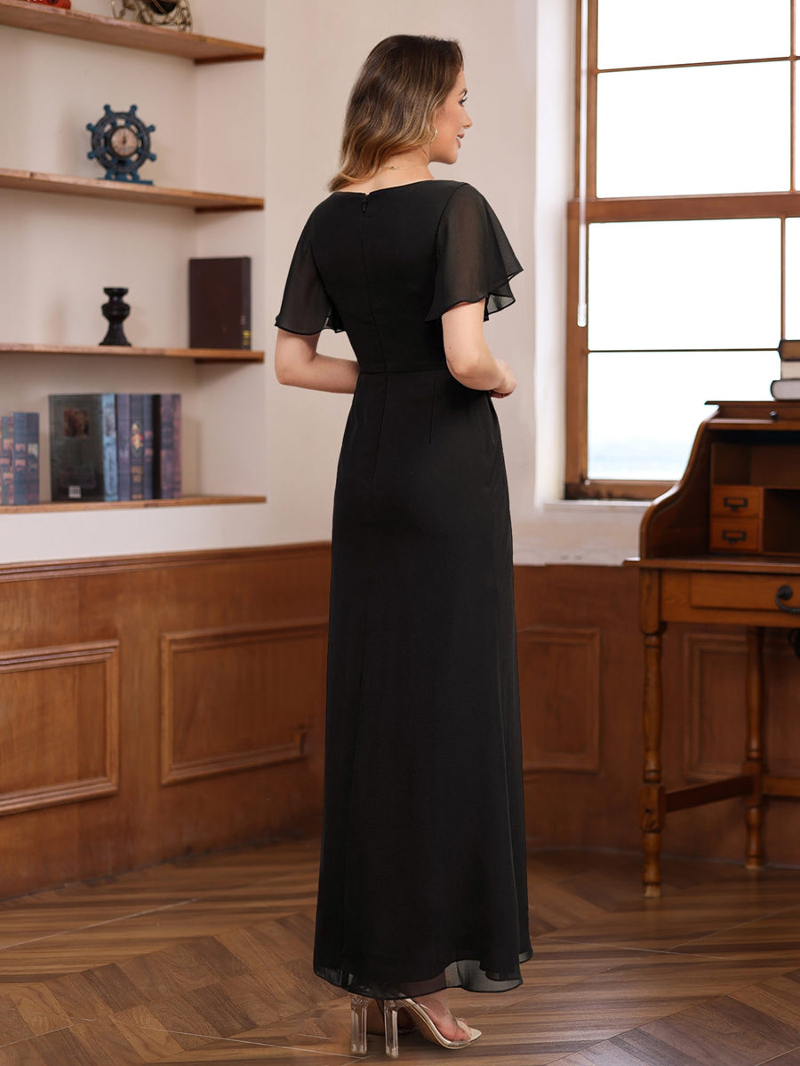 A-Line Scoop Neck Half Sleeves Ankle Length Pleated Mother Of The Bride & Groom Dresses With Beadings BabaMila