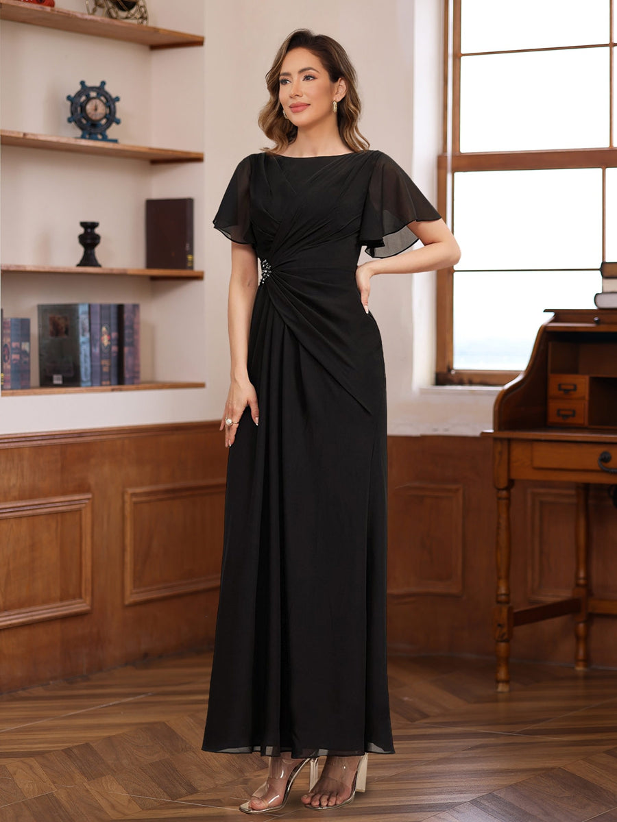 A-Line Scoop Neck Half Sleeves Ankle Length Pleated Mother Of The Bride & Groom Dresses With Beadings BabaMila