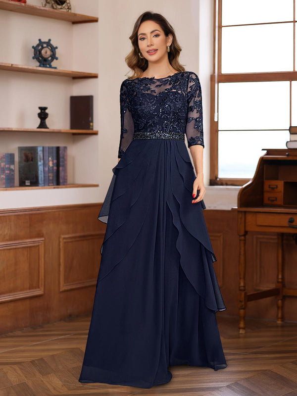 A-Line/Princess 3/4 Sleeves Floor-Length Elegant Mother Of The Bride & Groom Dresses With Lace Appliques & Ruffles BabaMila