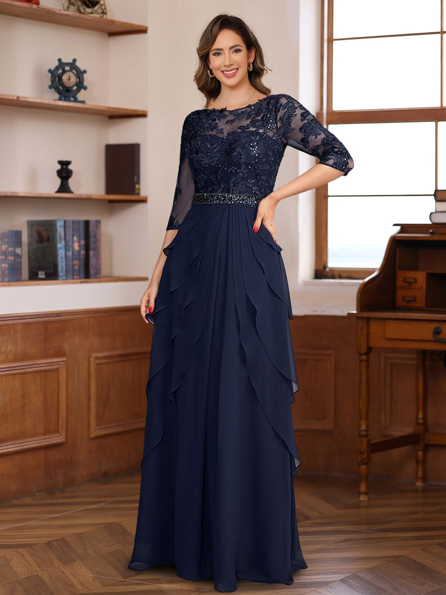 A-Line/Princess 3/4 Sleeves Floor-Length Elegant Mother Of The Bride & Groom Dresses With Lace Appliques & Ruffles BabaMila