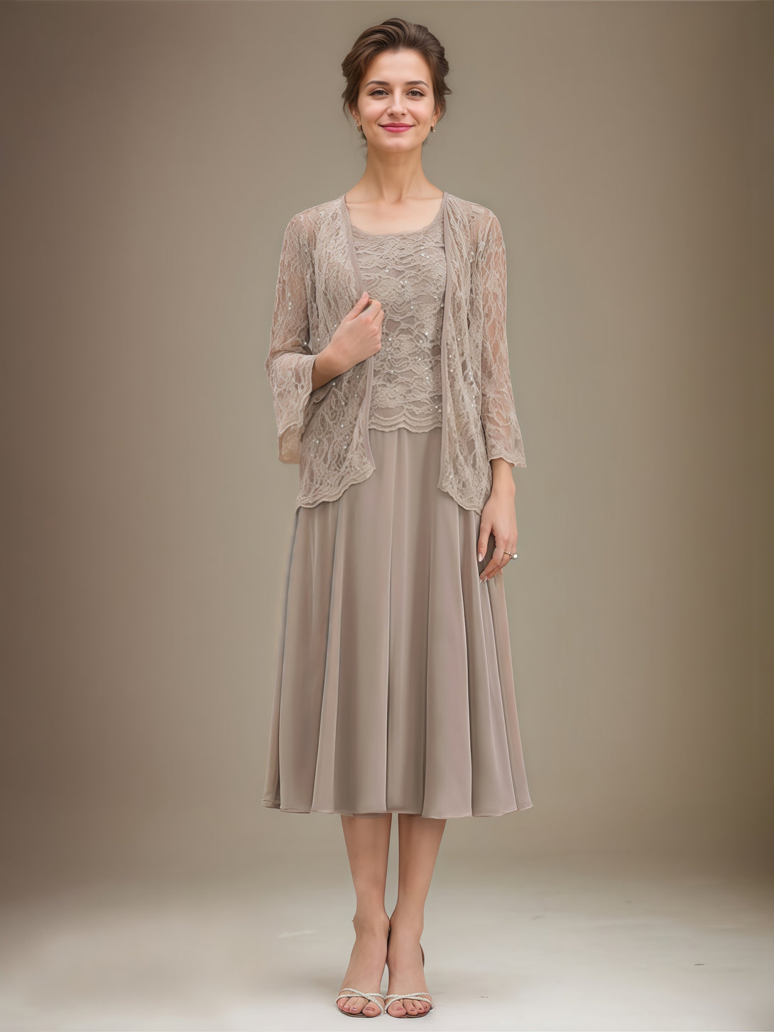 Scoop Neck 3/4 Sleeve A-Line Tea-Length Lace/Chiffon Mother of the Bride Dress With Jacket/Sequins BabaMila