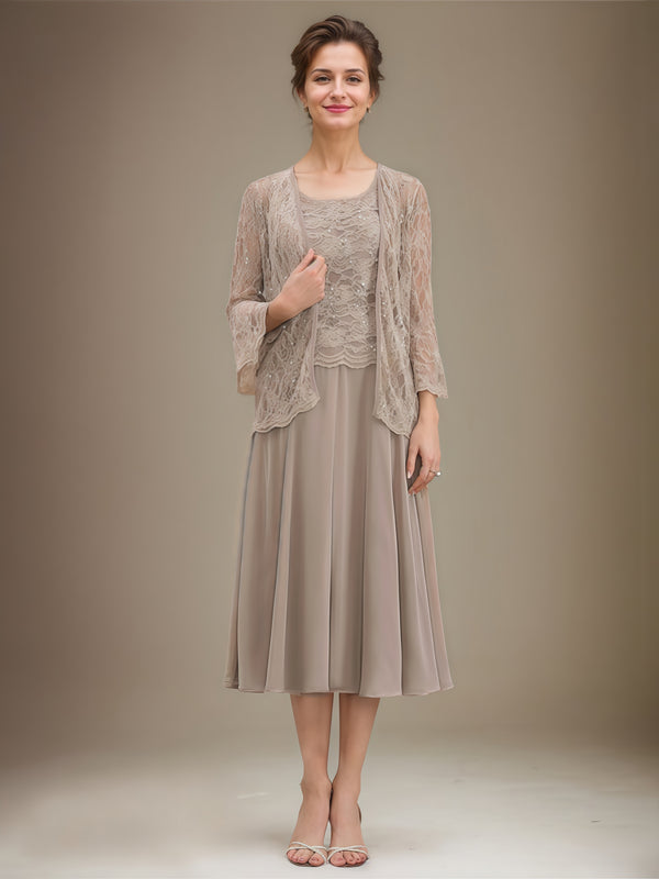 Scoop Neck 3/4 Sleeve A-Line Tea-Length Lace/Chiffon Mother of the Bride Dress With Jacket/Sequins BabaMila