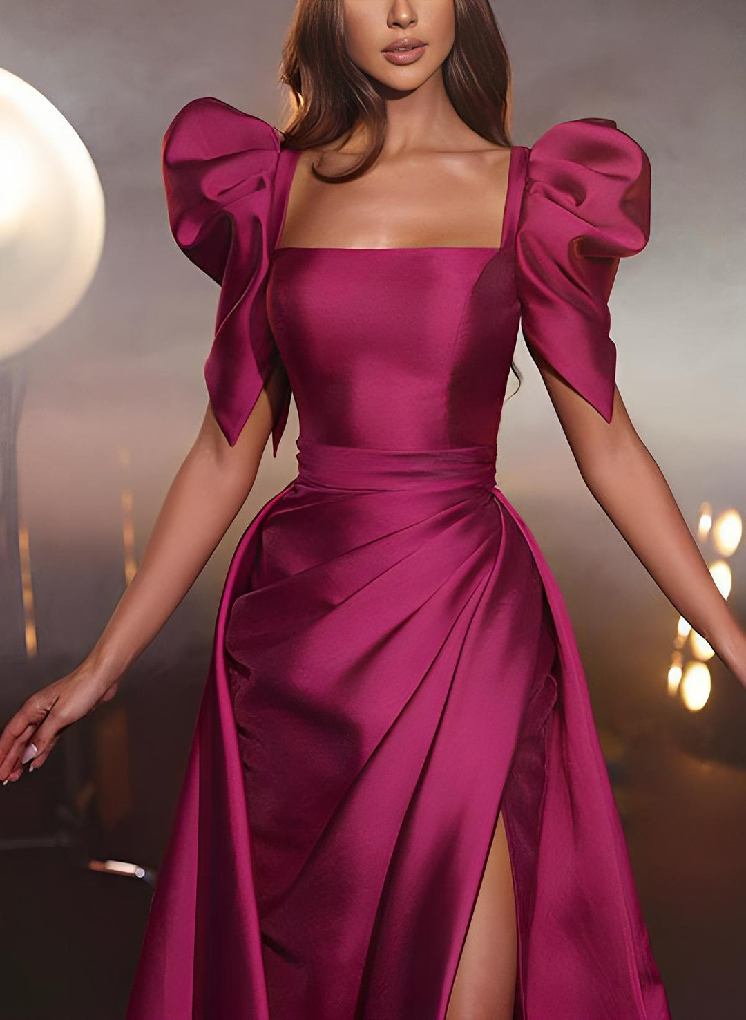 A-Line/Princess Square Neck Satin Puff Sleeve Floor-length Prom Dresses With Pleated/Split Side BabaMila