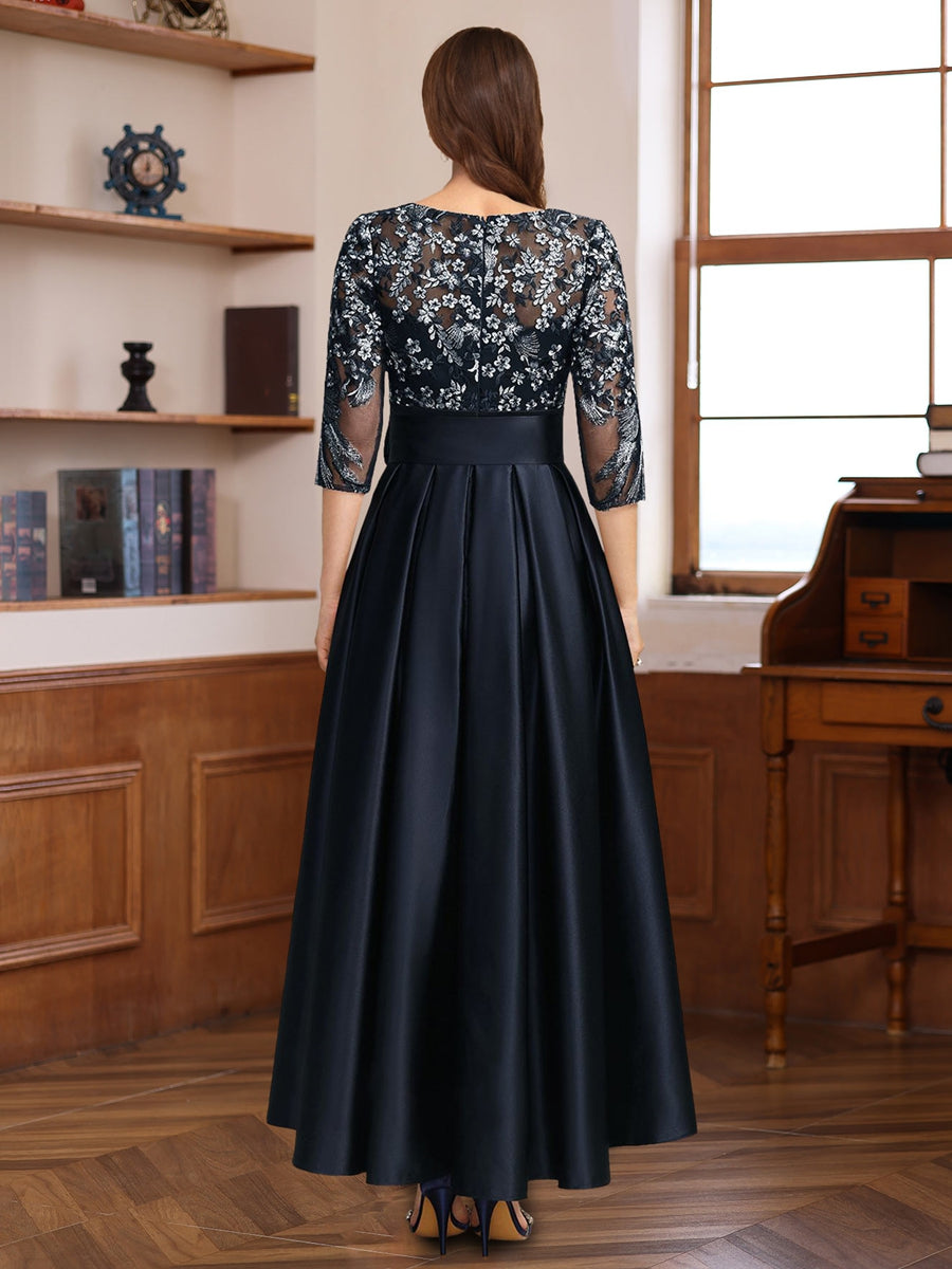 A-Line 3/4 Sleeves Asymmetrical Lace Mother Of The Bride & Groom Dresses With Appliques & Bow Belt BabaMila