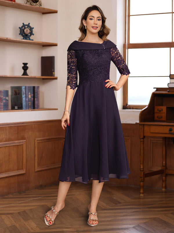 A-Line/Princess V-Neck Half Sleeves Tea Length Mother Of The Bride & Groom Dresses With Lace Appliques BabaMila