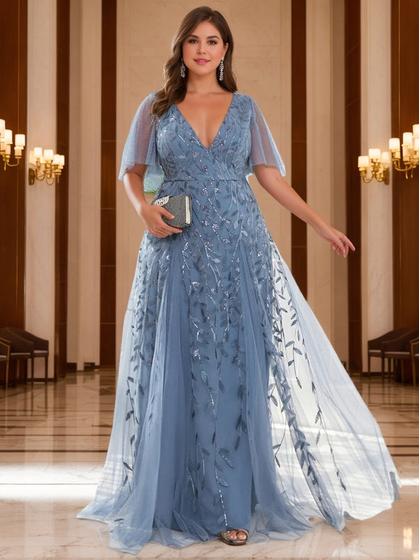 A-Line/Princess V-Neck Short Sleeves Floor-Length Plus Size Mother Of The Bride Dresses With Sequins BabaMila
