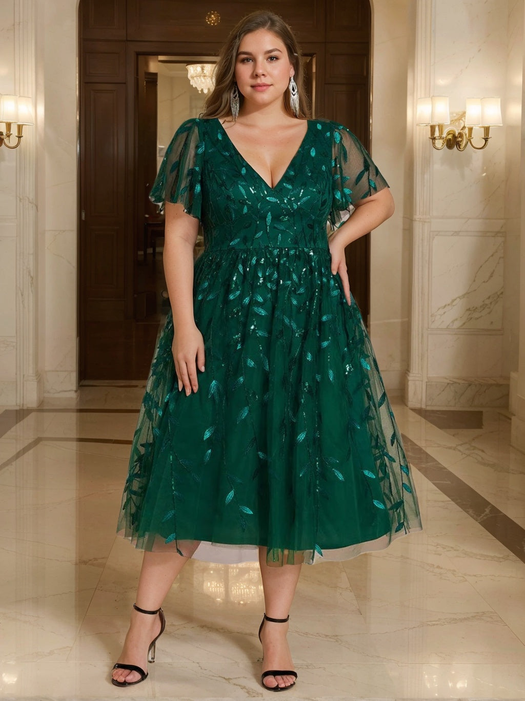 A-Line/Princess V-Neck Short Sleeves Tea-Length Plus Size Mother Of The Bride Dresses With Sequins BabaMila