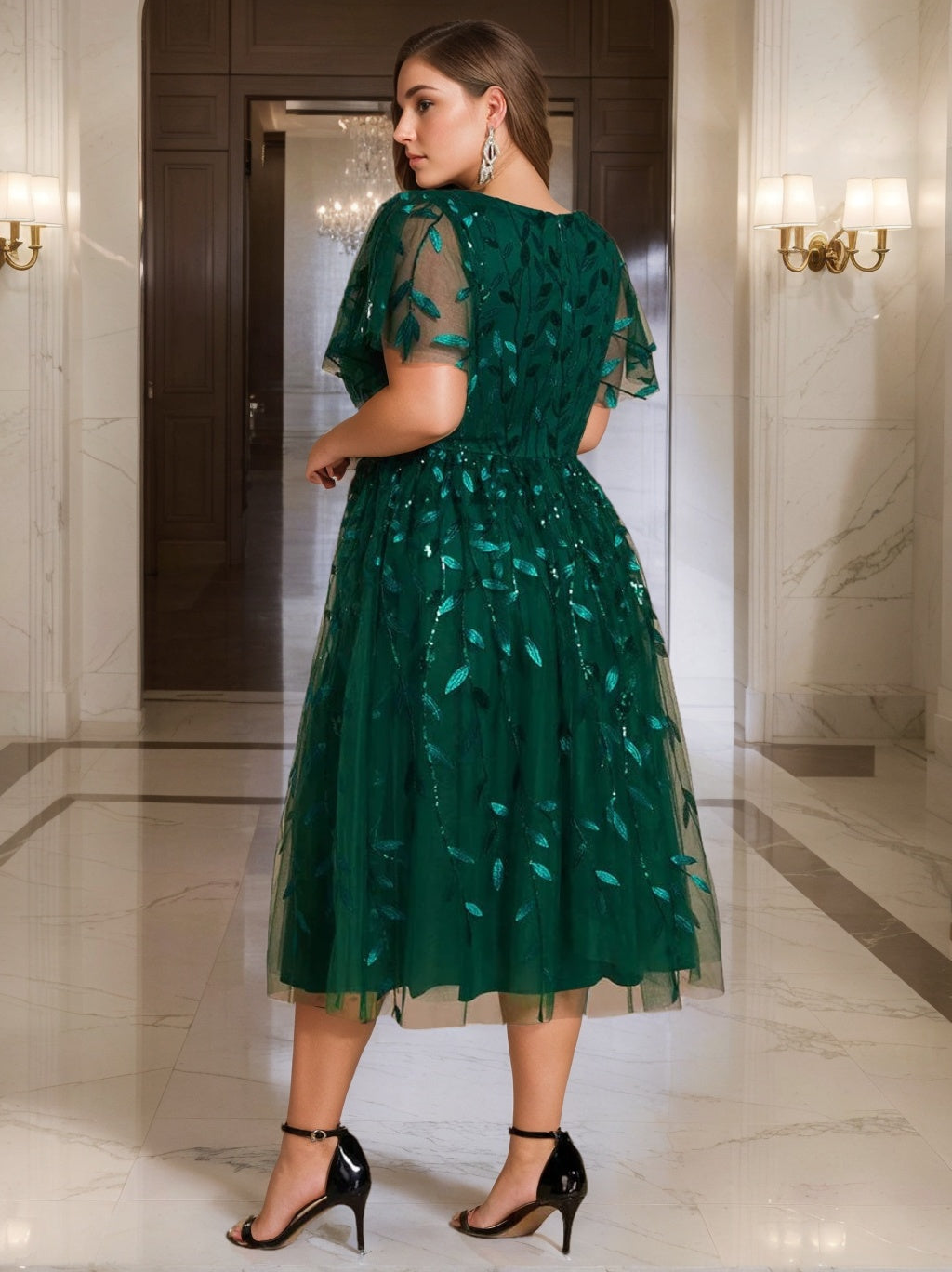 A-Line/Princess V-Neck Short Sleeves Tea-Length Plus Size Mother Of The Bride Dresses With Sequins BabaMila