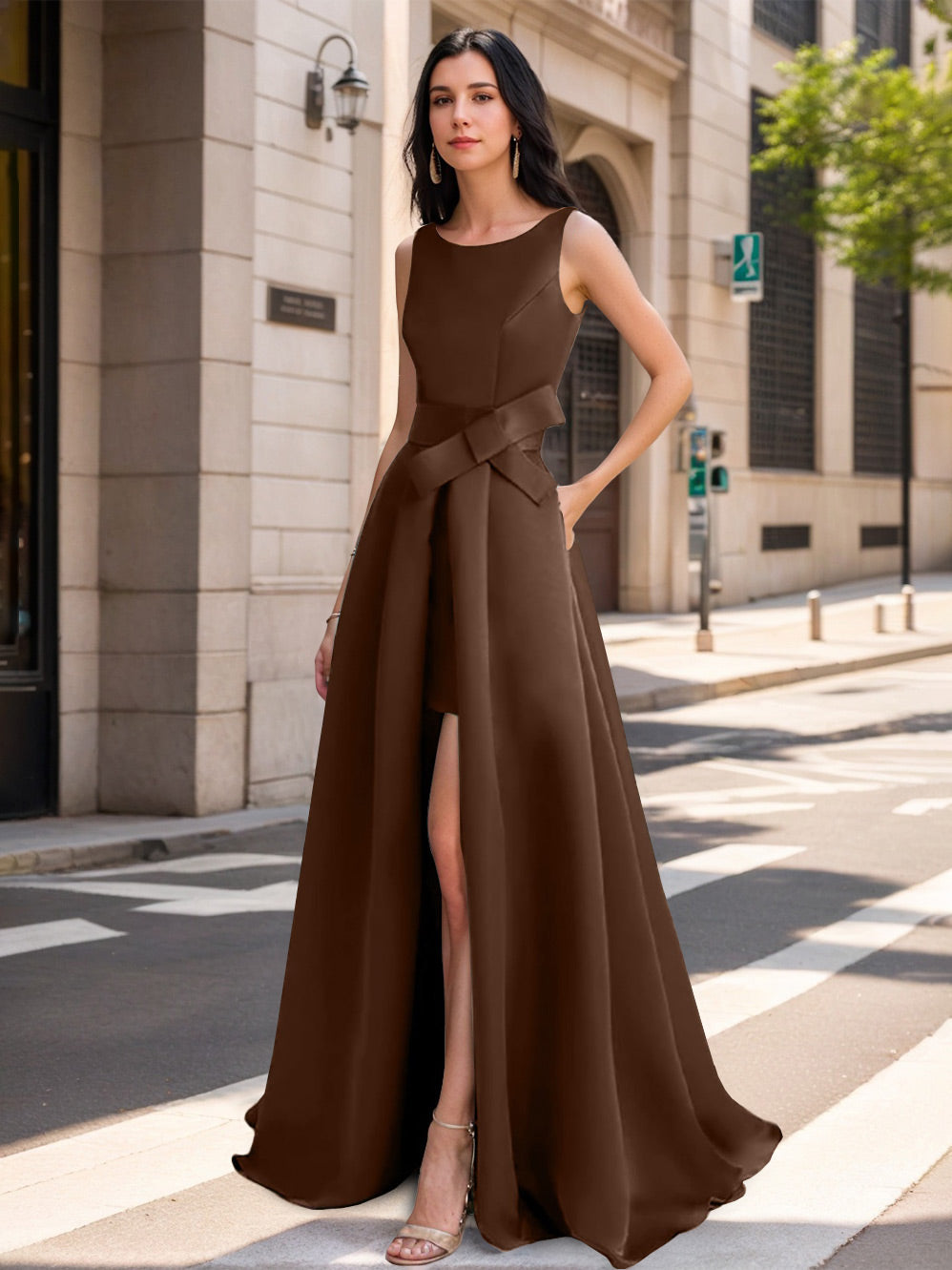 A-Line/Princess Scoop Mother Of The Bride Dresses With High Split & Bow BabaMila