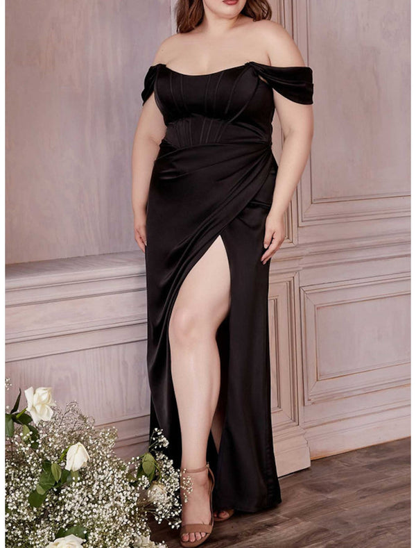 Sheath/Column Off-the-Shoulder Floor-length Plus Size Prom Dresses With Ruffles BabaMila