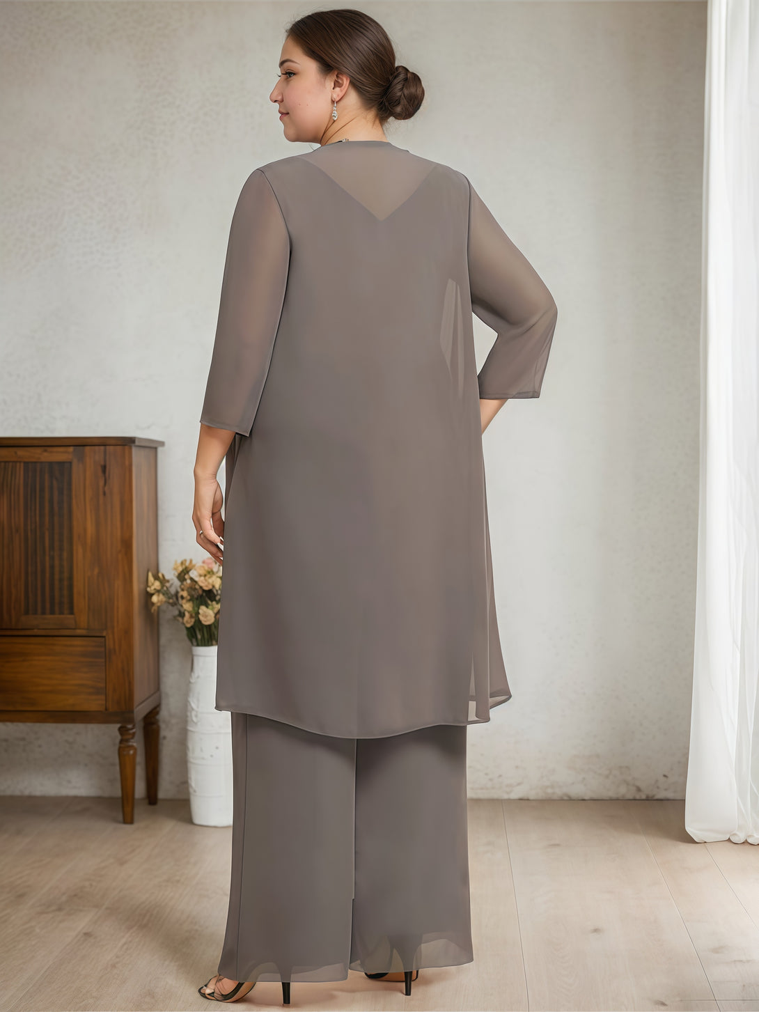 Scoop Neck Half Sleeve Pantsuits Floor-Length Lace/Chiffon Mother of the Bride Dress With Jacket/Appliques BabaMila