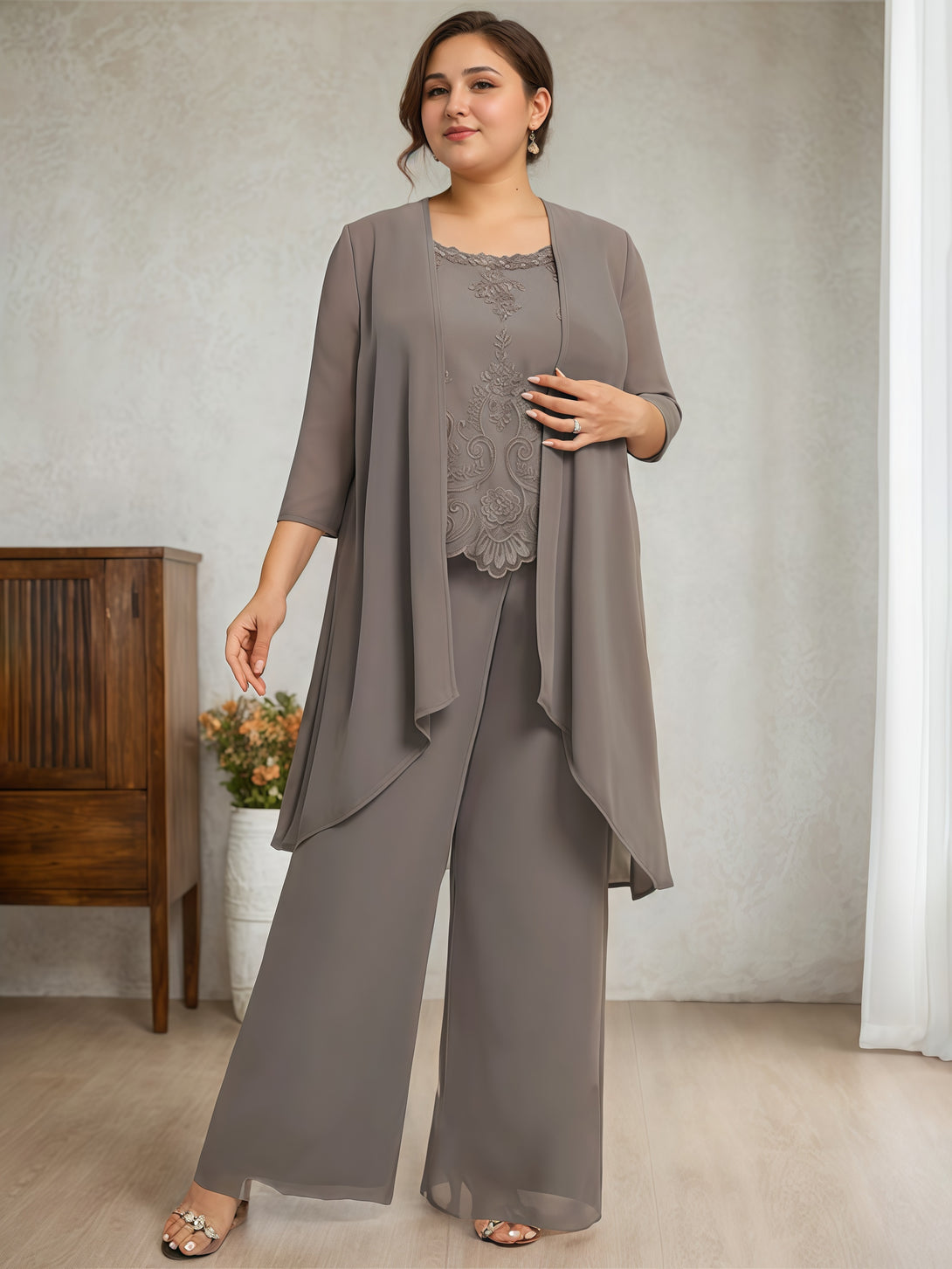 Scoop Neck Half Sleeve Pantsuits Floor-Length Lace/Chiffon Mother of the Bride Dress With Jacket/Appliques BabaMila