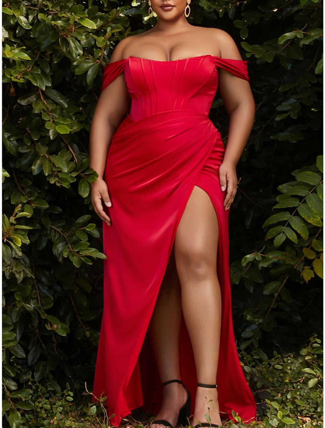 Sheath/Column Off-the-Shoulder Floor-length Plus Size Prom Dresses With Ruffles BabaMila