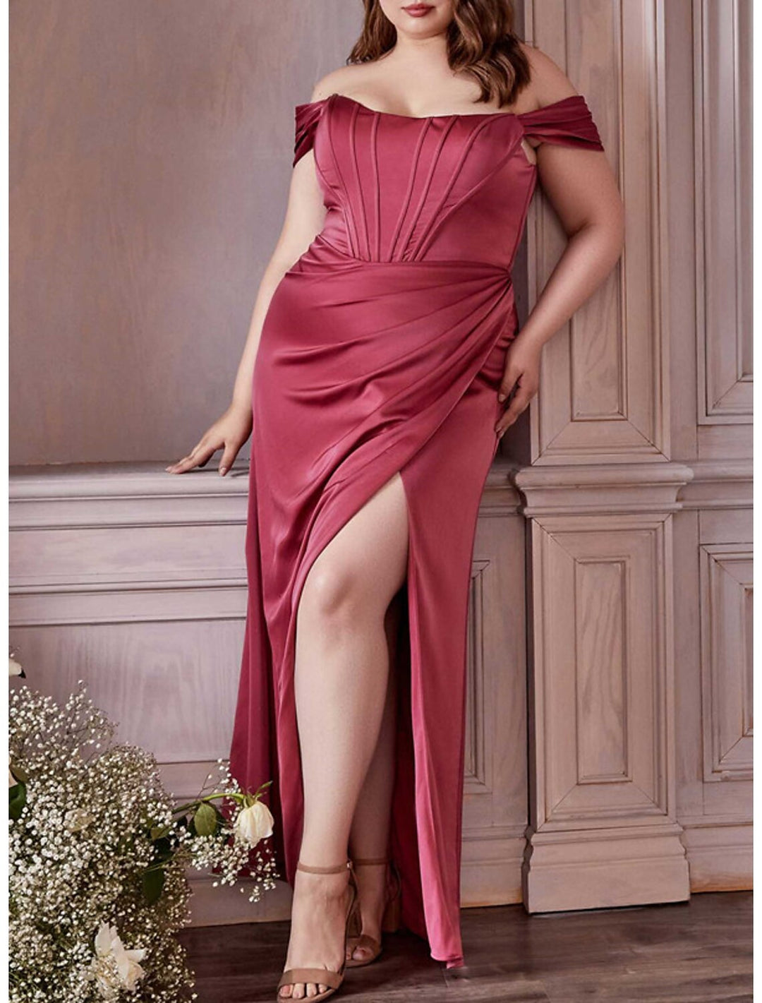 Sheath/Column Off-the-Shoulder Floor-length Plus Size Prom Dresses With Ruffles BabaMila