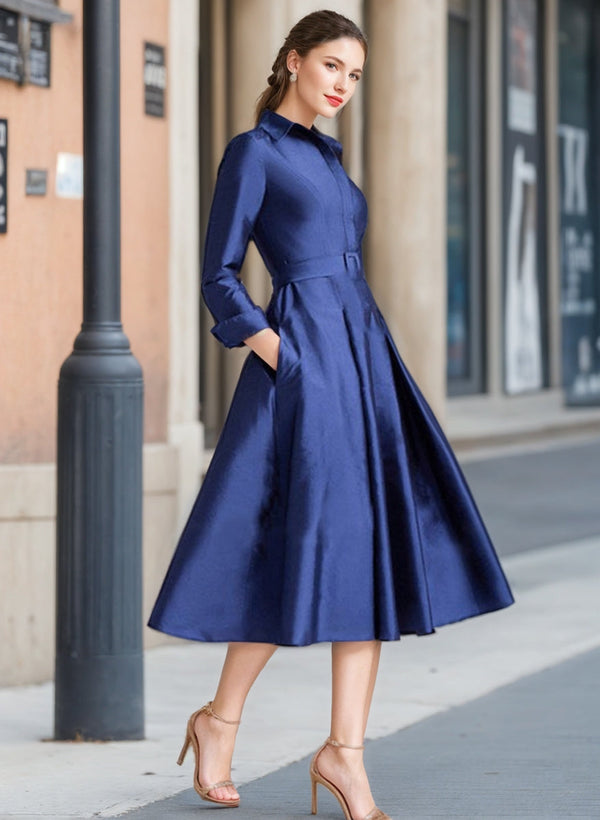 A-Line/Princess V-Neck Long Sleeves Tea-Length Elegant Mother Of The Bride Dresses BabaMila
