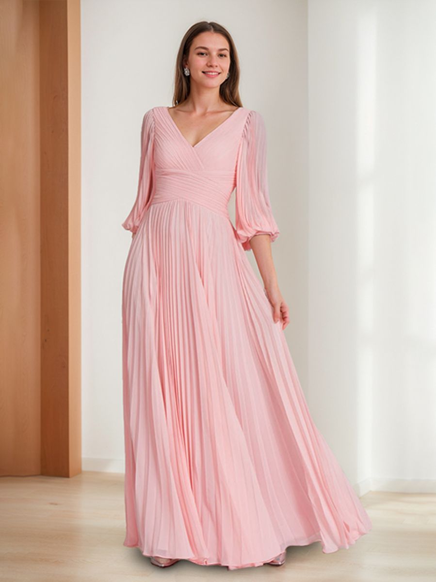 A-Line/Princess V-Neck Floor-Length 3/4 Sleeves Mother Of The Bride Dresses With Ruffles BabaMila