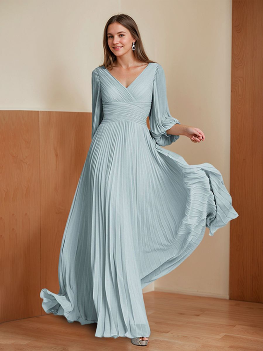 A-Line/Princess V-Neck Floor-Length 3/4 Sleeves Mother Of The Bride Dresses With Ruffles BabaMila