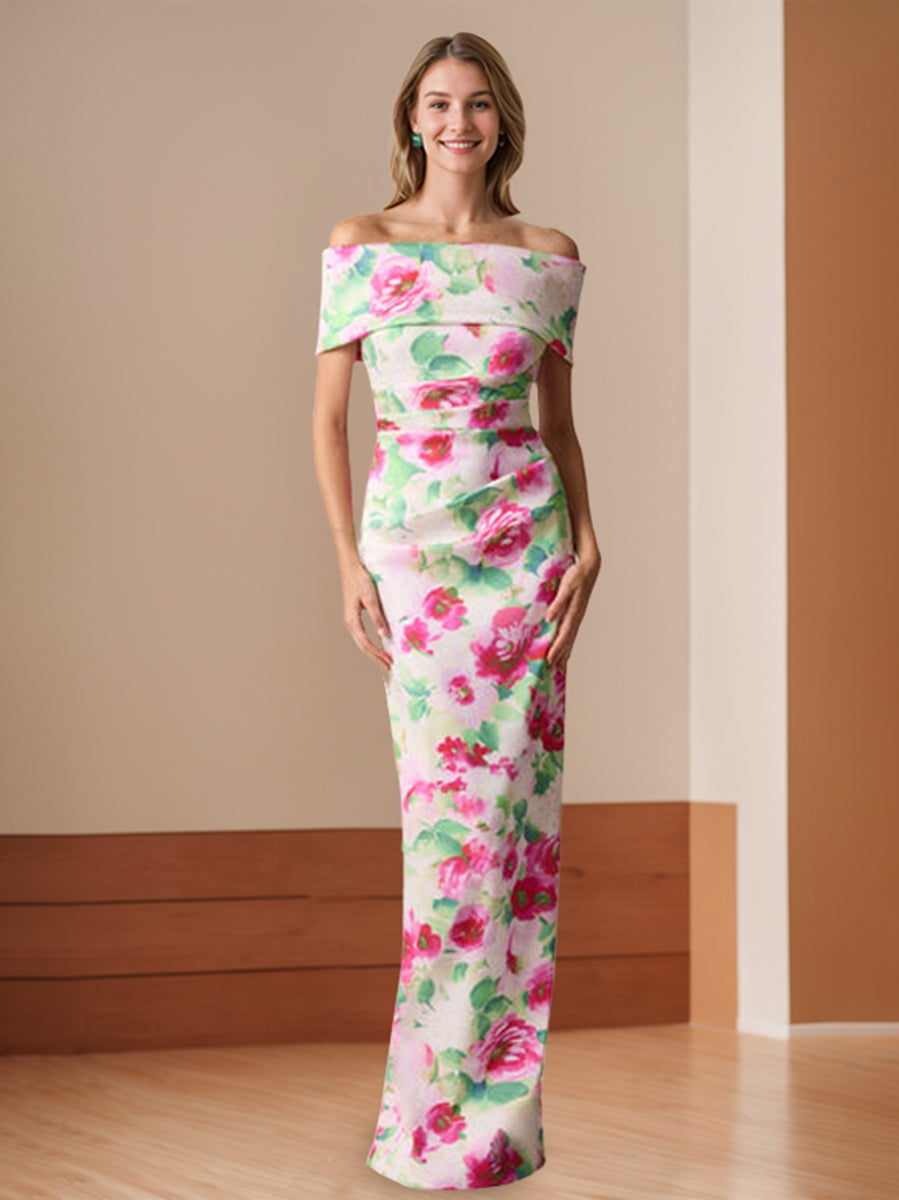 Sheath/Column Off-The-Shoulder Floor-Length Printed Floral Mother Of The Bride Dresses With Ruches BabaMila