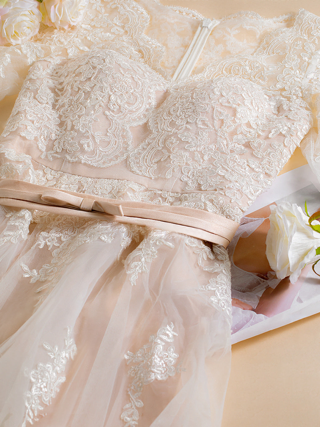 A-Line/Princess V-Neck 3/4 Length Sleeves Asymmetrical Wedding Dress with Lace Embroidery BabaMila