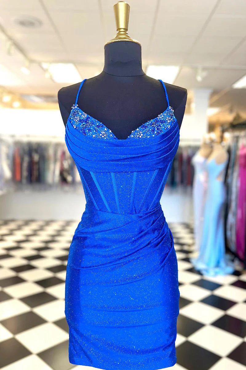 Sheath/Column Spaghetti Straps V-Neck Sleeveless Short/Mini Party Dance Cocktail Homecoming Dress with Drapes/Pleats/Beading BabaMila