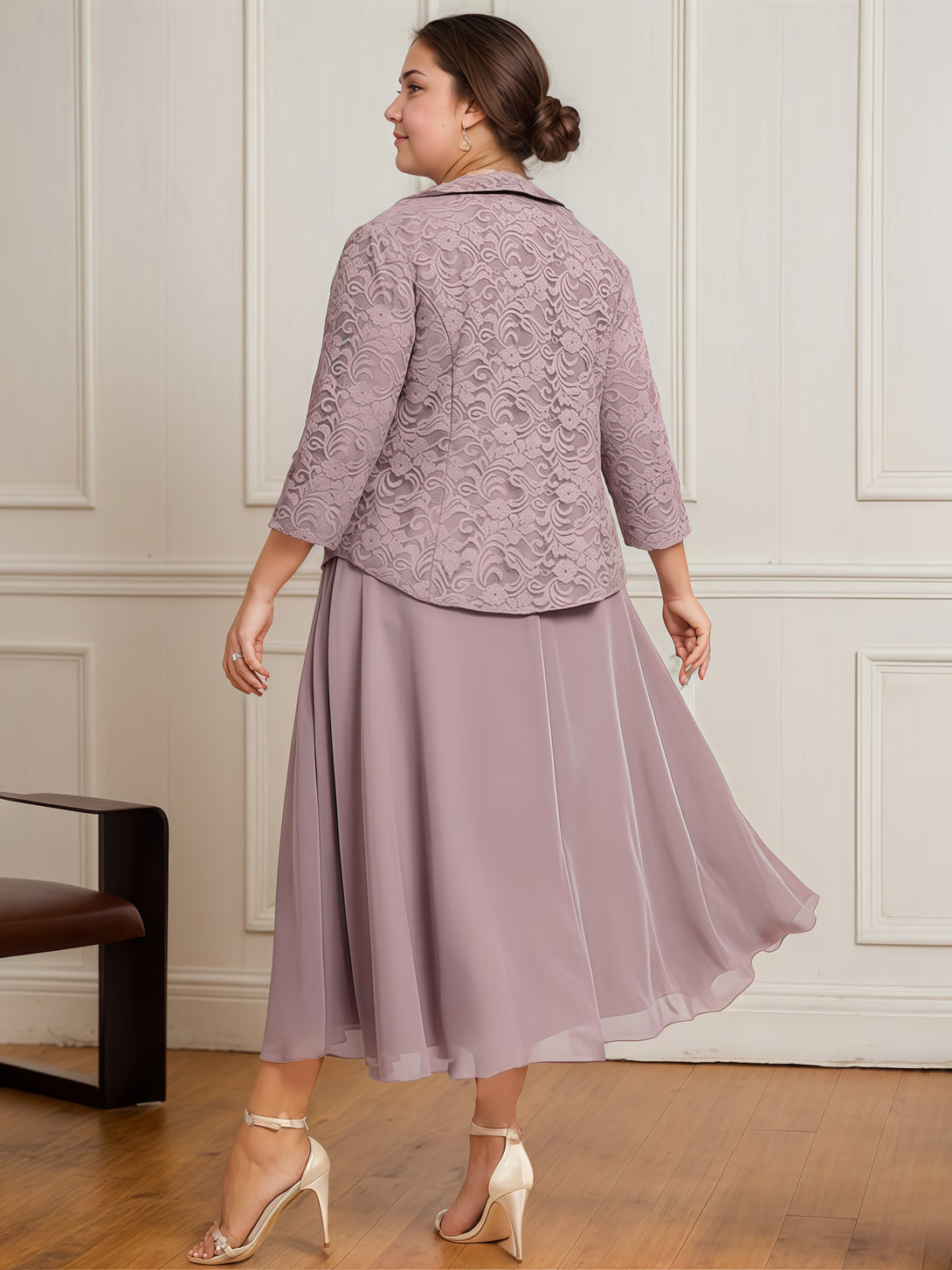 Round Neck 3/4 Sleeve A-Line Tea-Length Lace/Chiffon Mother of the Bride Dress With Jacket/Appliques BabaMila