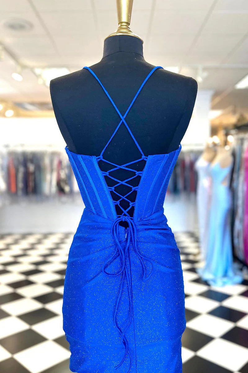 Sheath/Column Spaghetti Straps V-Neck Sleeveless Short/Mini Party Dance Cocktail Homecoming Dress with Drapes/Pleats/Beading BabaMila