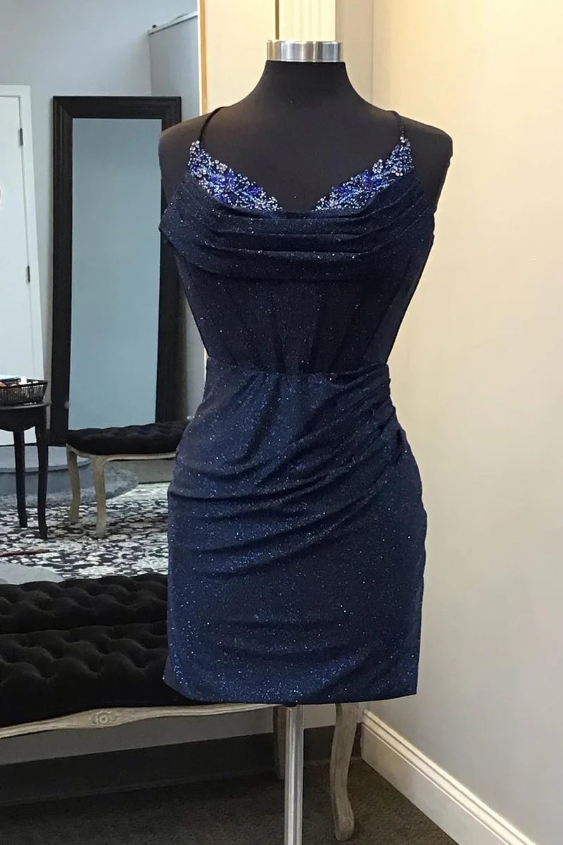 Sheath/Column Spaghetti Straps V-Neck Sleeveless Short/Mini Party Dance Cocktail Homecoming Dress with Drapes/Pleats/Beading BabaMila