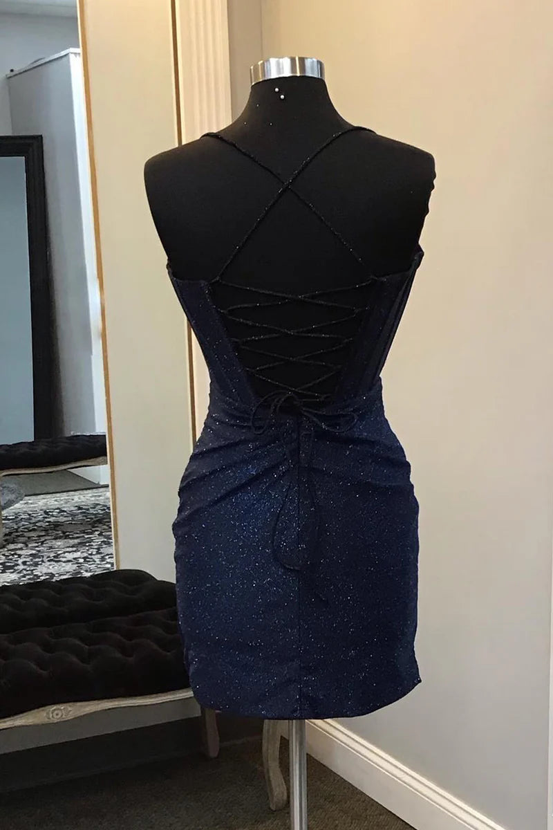 Sheath/Column Spaghetti Straps V-Neck Sleeveless Short/Mini Party Dance Cocktail Homecoming Dress with Drapes/Pleats/Beading BabaMila