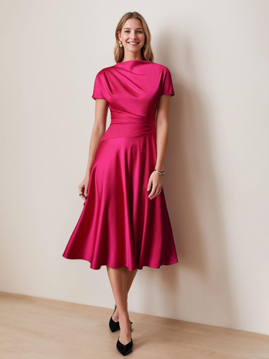 A-Line/Princess Scoop Neck Short Sleeves Knee-Length Elegant Wedding Guest Dress With Ruched BabaMila