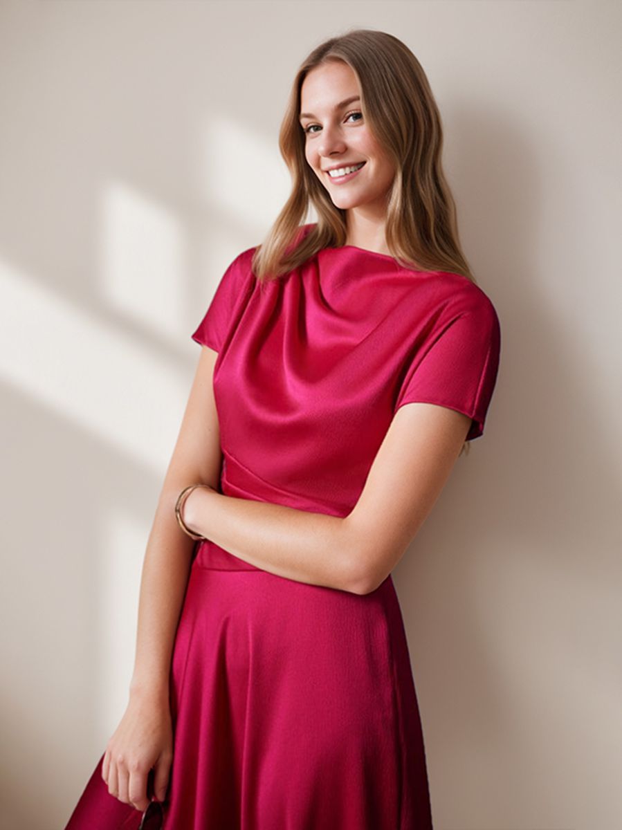 A-Line/Princess Scoop Neck Short Sleeves Knee-Length Elegant Wedding Guest Dress With Ruched BabaMila