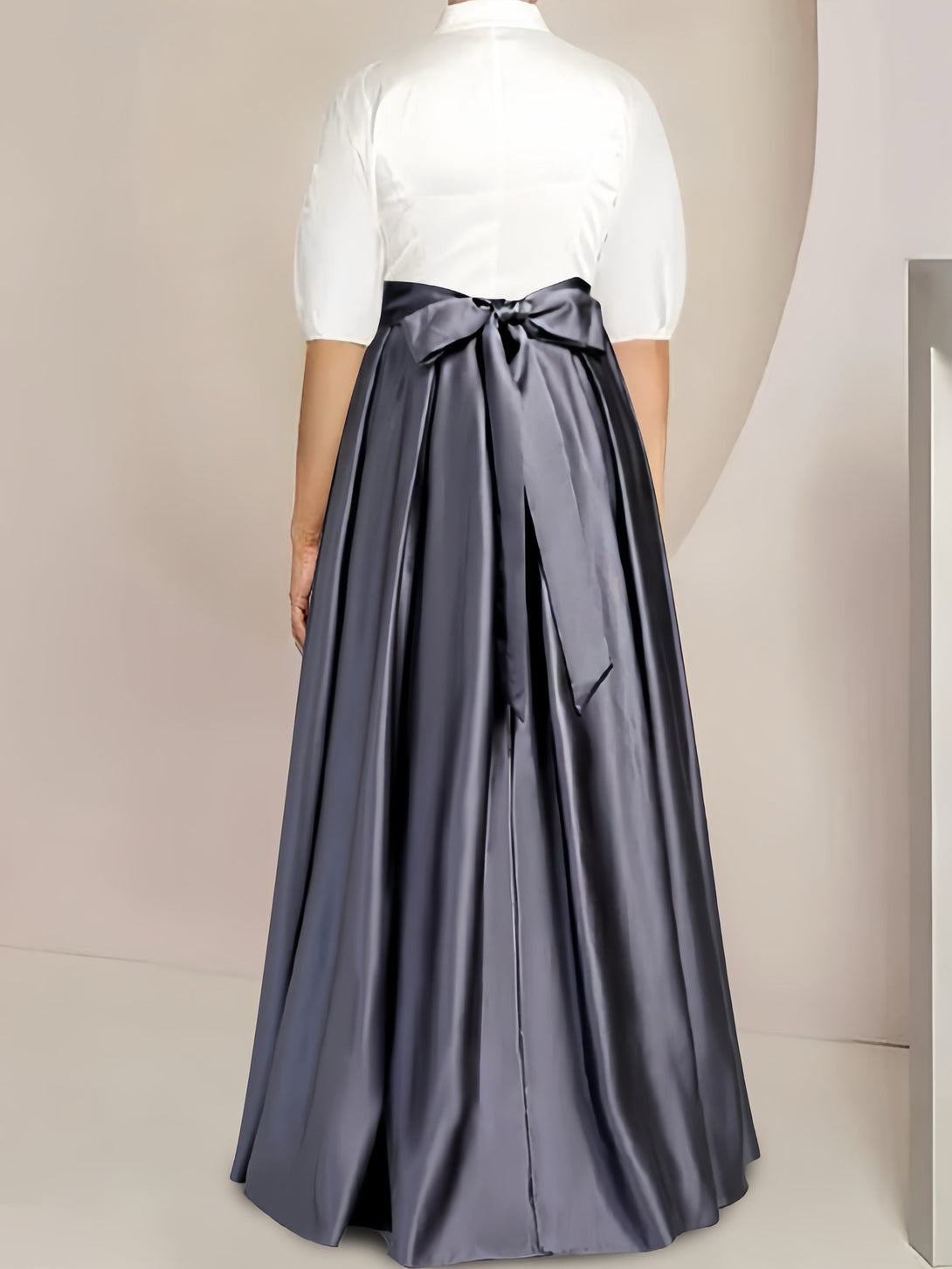A-Line/Princess Shirt Collar Short Sleeves Floor-Length 2 Pieces Satin Plus Size Mother Of The Bride Dresses With Bowknot BabaMila