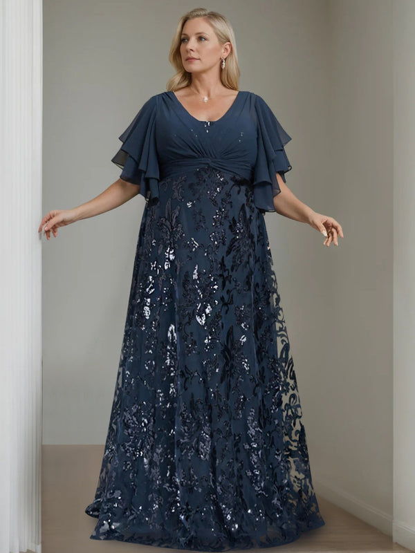 A-Line/Princess V-Neck Half Sleeves Floor-Length Plus Size Mother Of The Bride Dresses With Sequins BabaMila