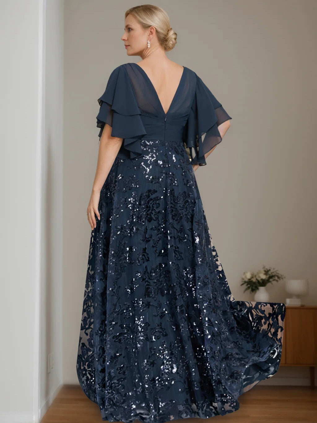 A-Line/Princess V-Neck Half Sleeves Floor-Length Plus Size Mother Of The Bride Dresses With Sequins BabaMila