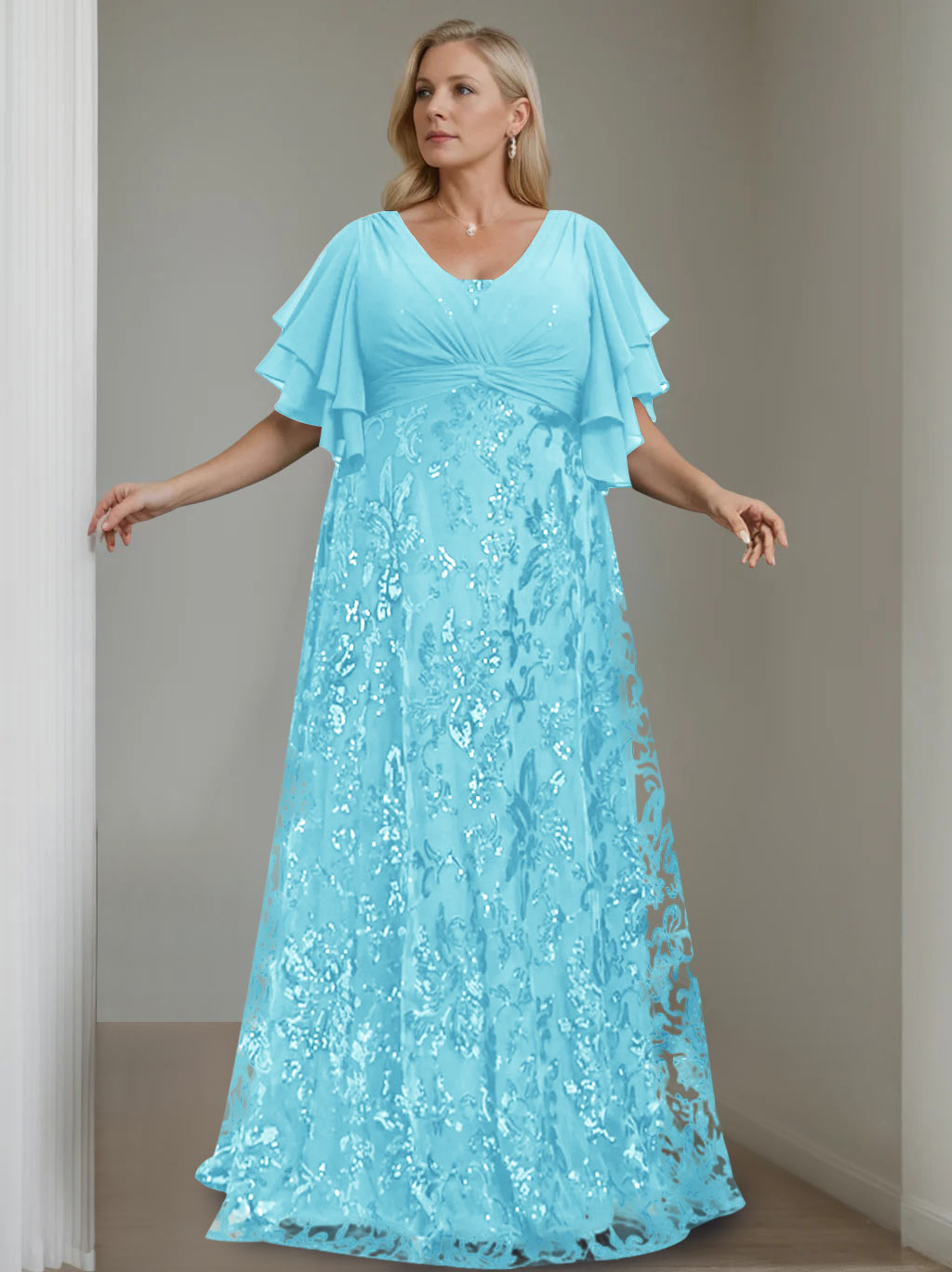A-Line/Princess V-Neck Half Sleeves Floor-Length Plus Size Mother Of The Bride Dresses With Sequins BabaMila