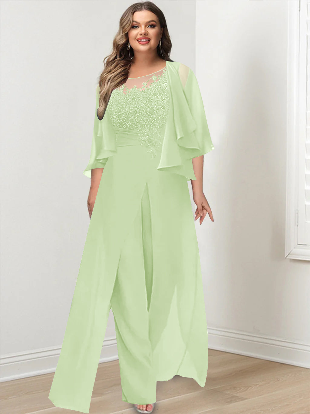 A-Line/Princess Scoop Floor-Length Plus Size Mother Of The Bride Jumpsuits With Jacket, Split Side & Appliques BabaMila