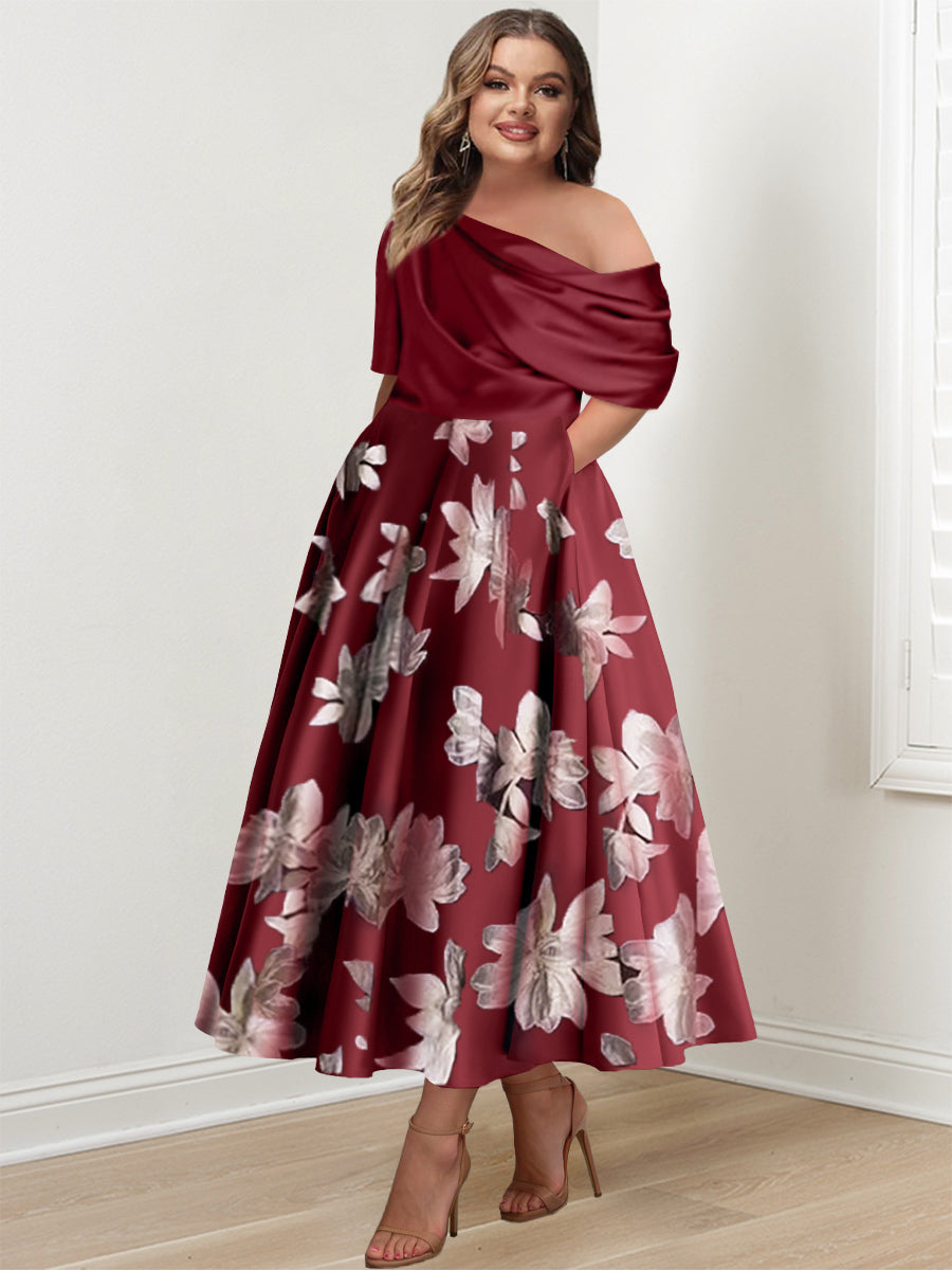 A-Line/Princess One-Shoulder Printed Flower Plus Size Mother Of The Bride Dresses BabaMila