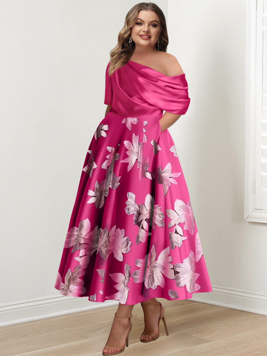 A-Line/Princess One-Shoulder Printed Flower Plus Size Mother Of The Bride Dresses BabaMila
