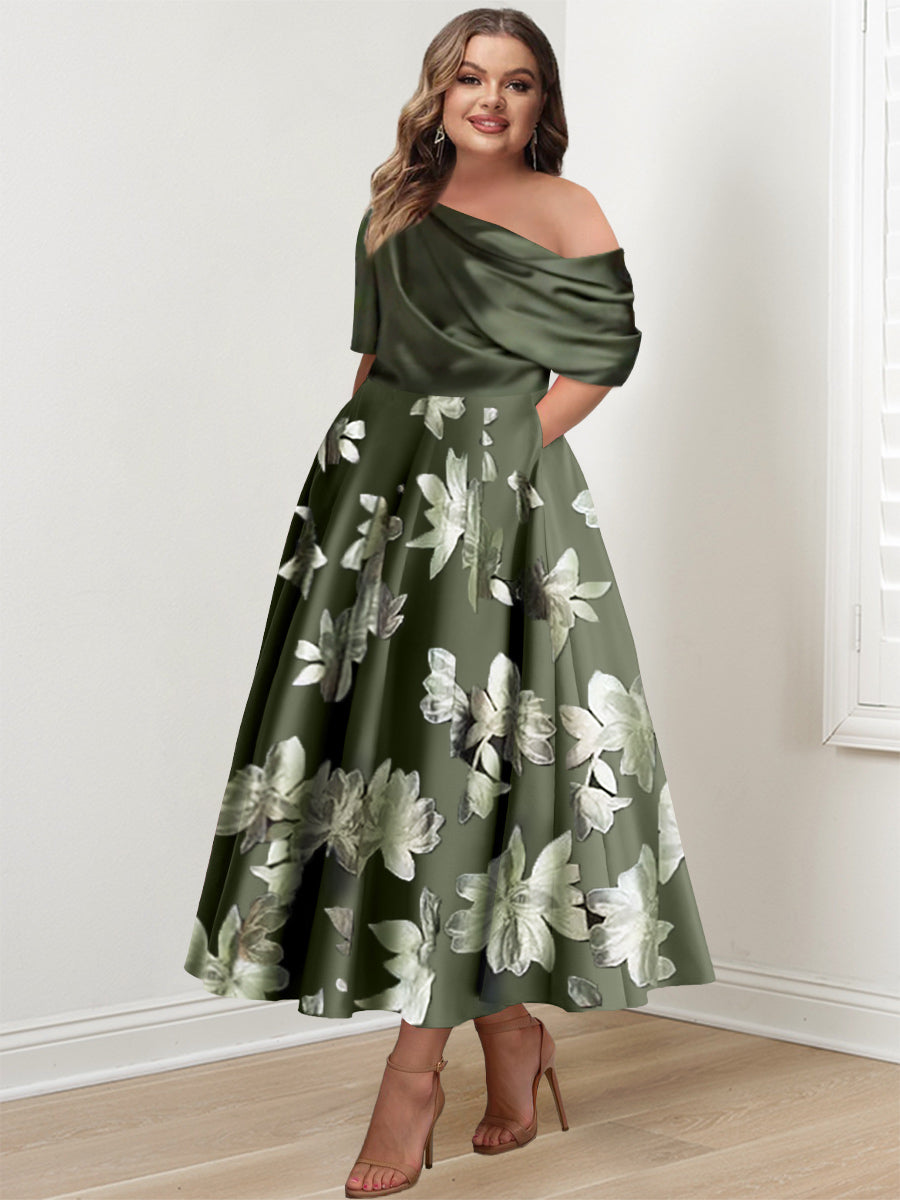 A-Line/Princess One-Shoulder Printed Flower Plus Size Mother Of The Bride Dresses BabaMila