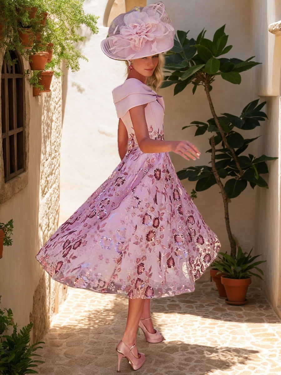 A-Line/Princess V-Neck Tea-Length Luxurious Mother Of The Bride Dresses With Bow & Embroidery BabaMila