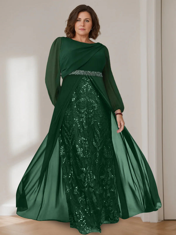 A-Line/Princess Scoop Long Sleeves Floor-Length Plus Size Mother Of The Bride Dresses With Sequins BabaMila