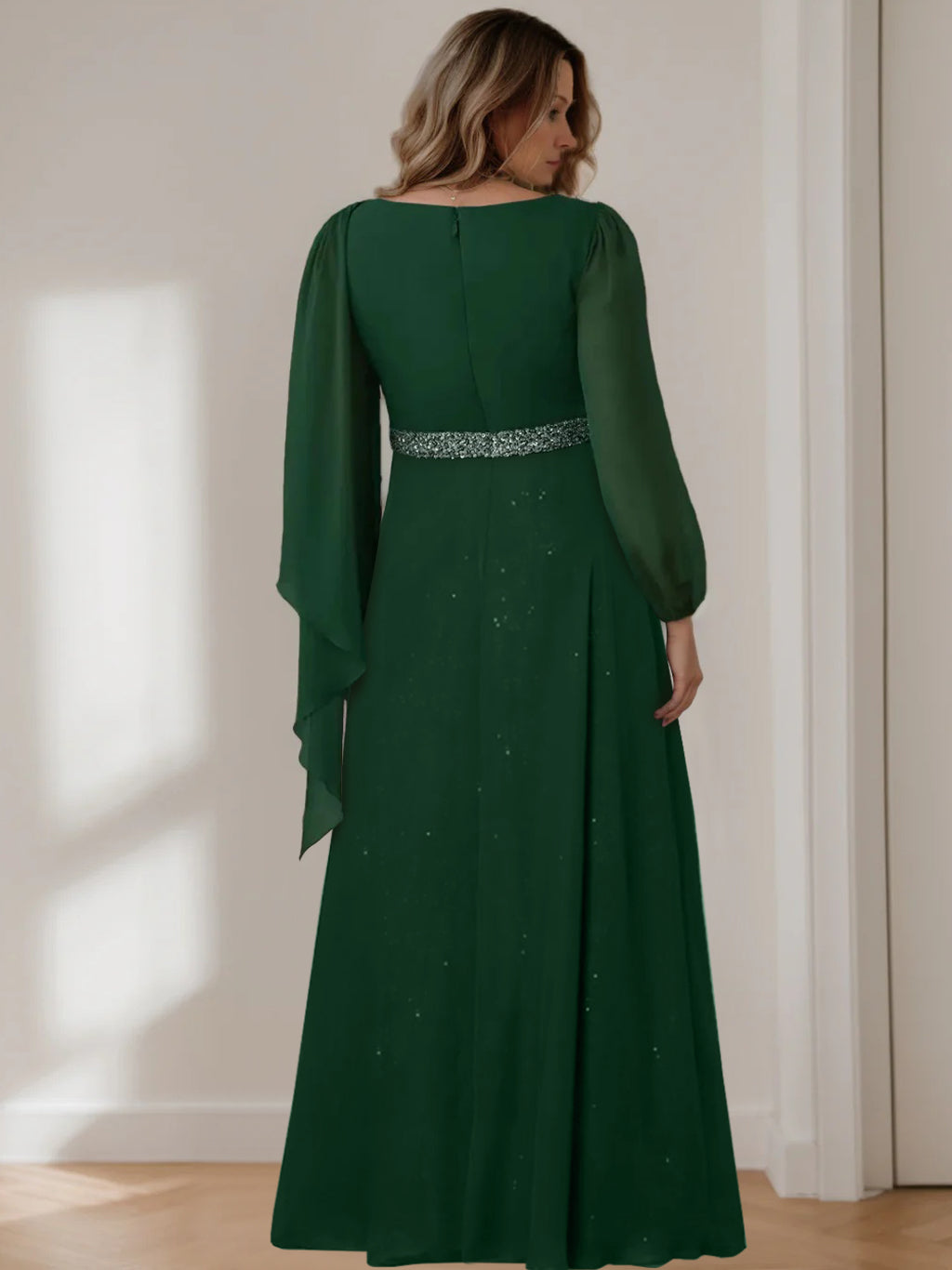 A-Line/Princess Scoop Long Sleeves Floor-Length Plus Size Mother Of The Bride Dresses With Sequins BabaMila