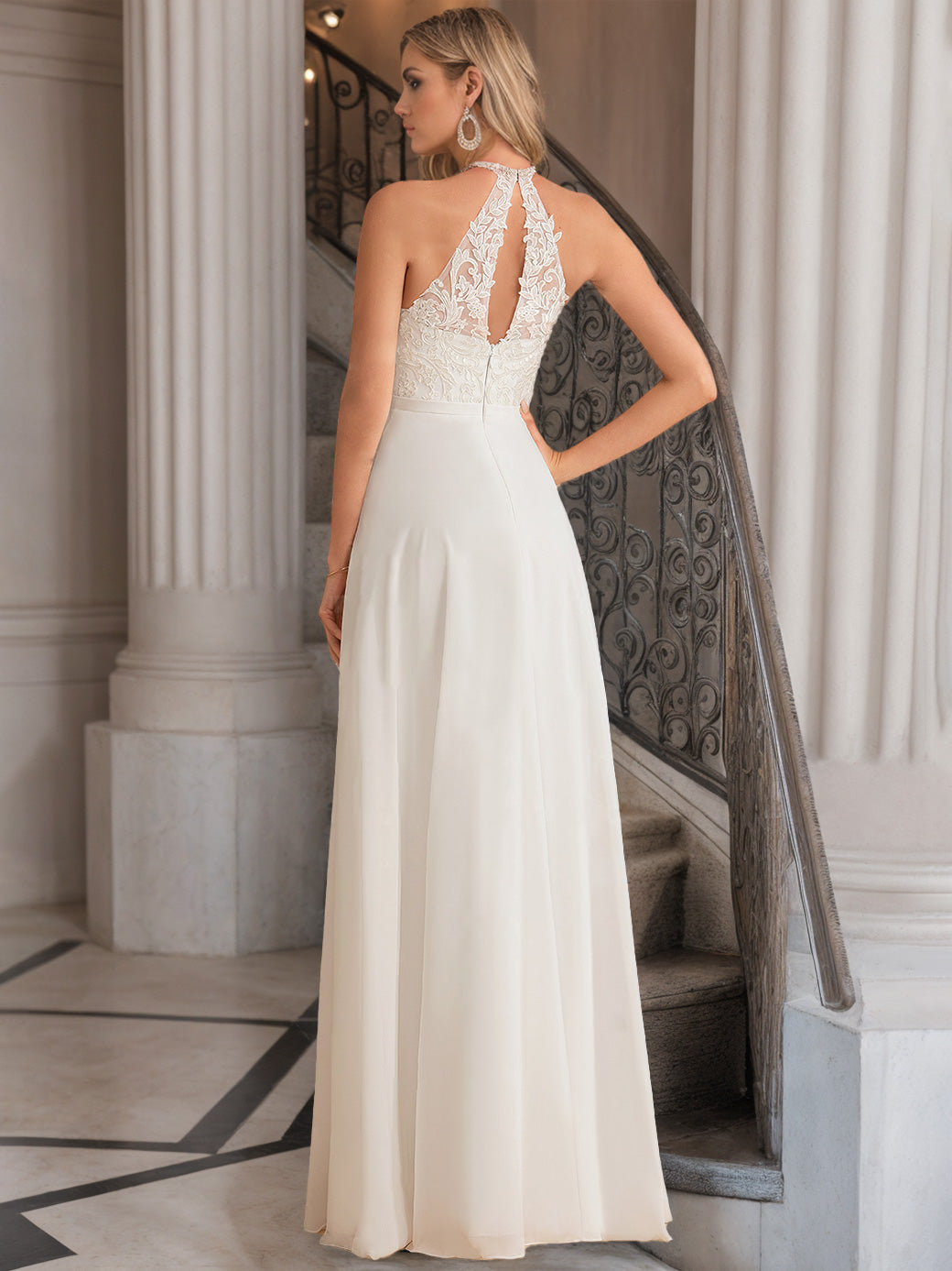 A-Line/Princess Halter Neck Sleeveless Floor-Length Wedding Dress with Lace Embroidery BabaMila