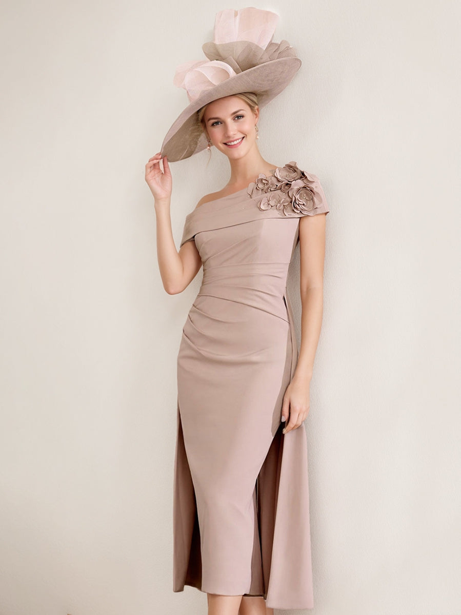 Sheath/Column Off-The-Shoulder Pleated Tea-Length Mother Of The Bride Dresses With 3D Flower BabaMila