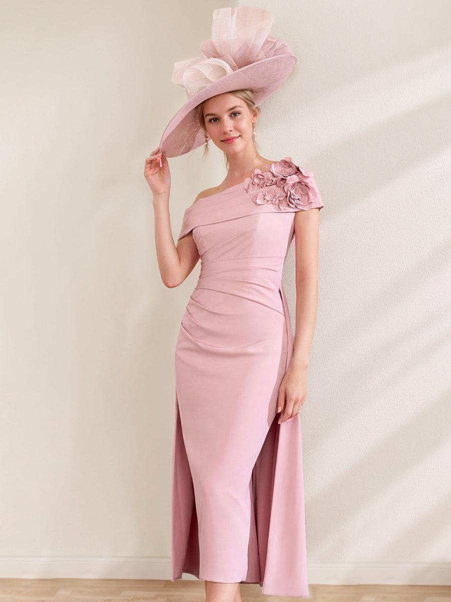 Sheath/Column Off-The-Shoulder Pleated Tea-Length Mother Of The Bride Dresses With 3D Flower BabaMila