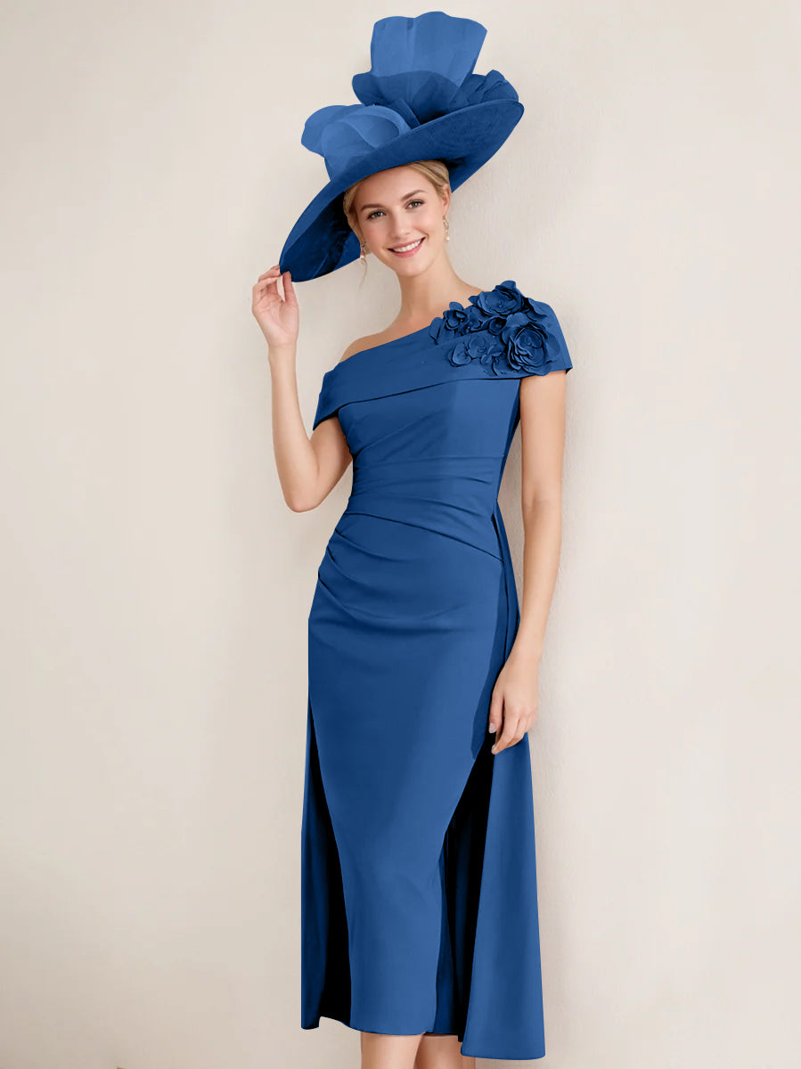 Sheath/Column Off-The-Shoulder Pleated Tea-Length Mother Of The Bride Dresses With 3D Flower BabaMila